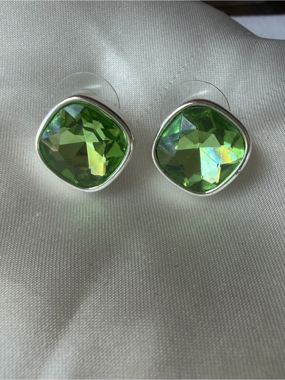 Green Cushion Cut Crystal Stud Earrings Silver Tone